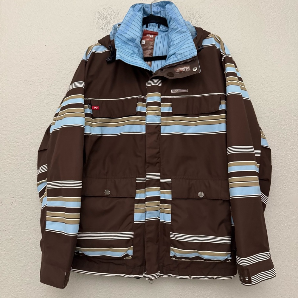 Stylish Men's Brown and Blue Striped Ski Jacket